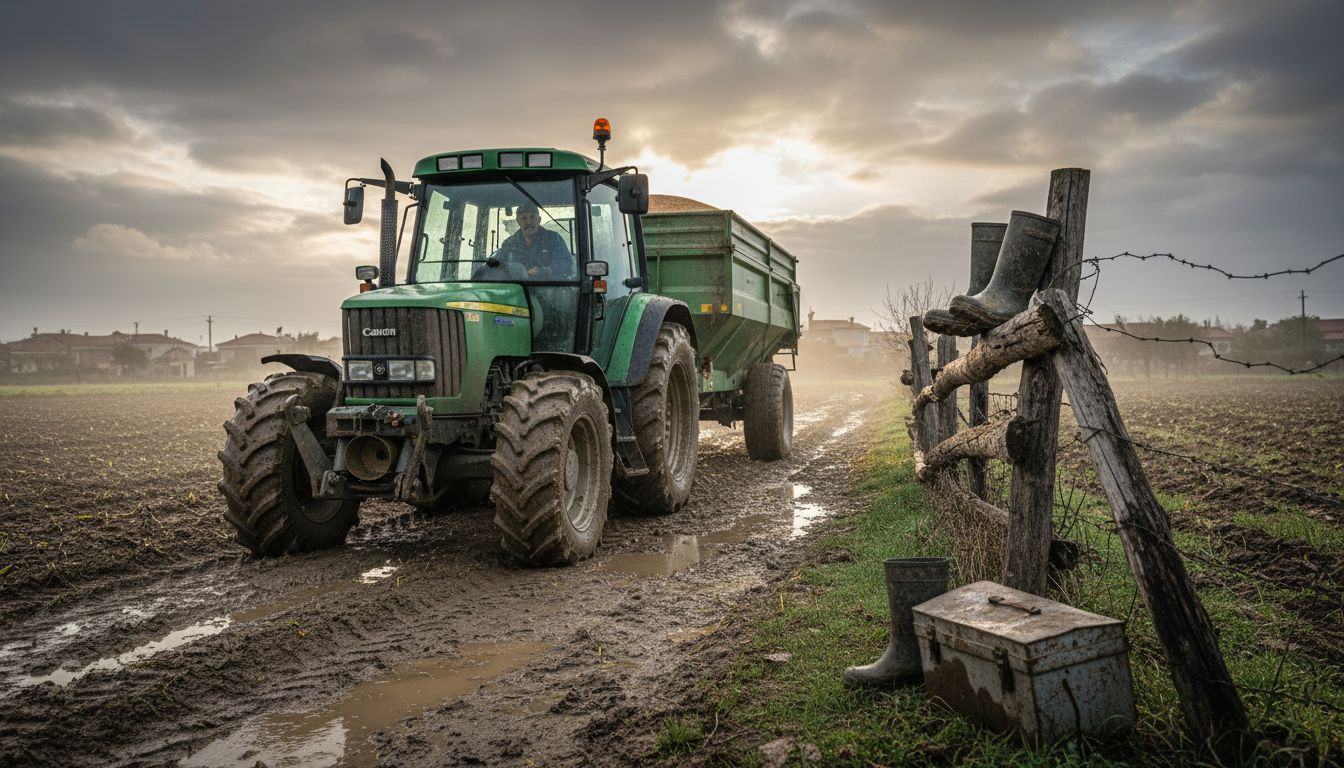 Tractor hauling trailer through muddy field