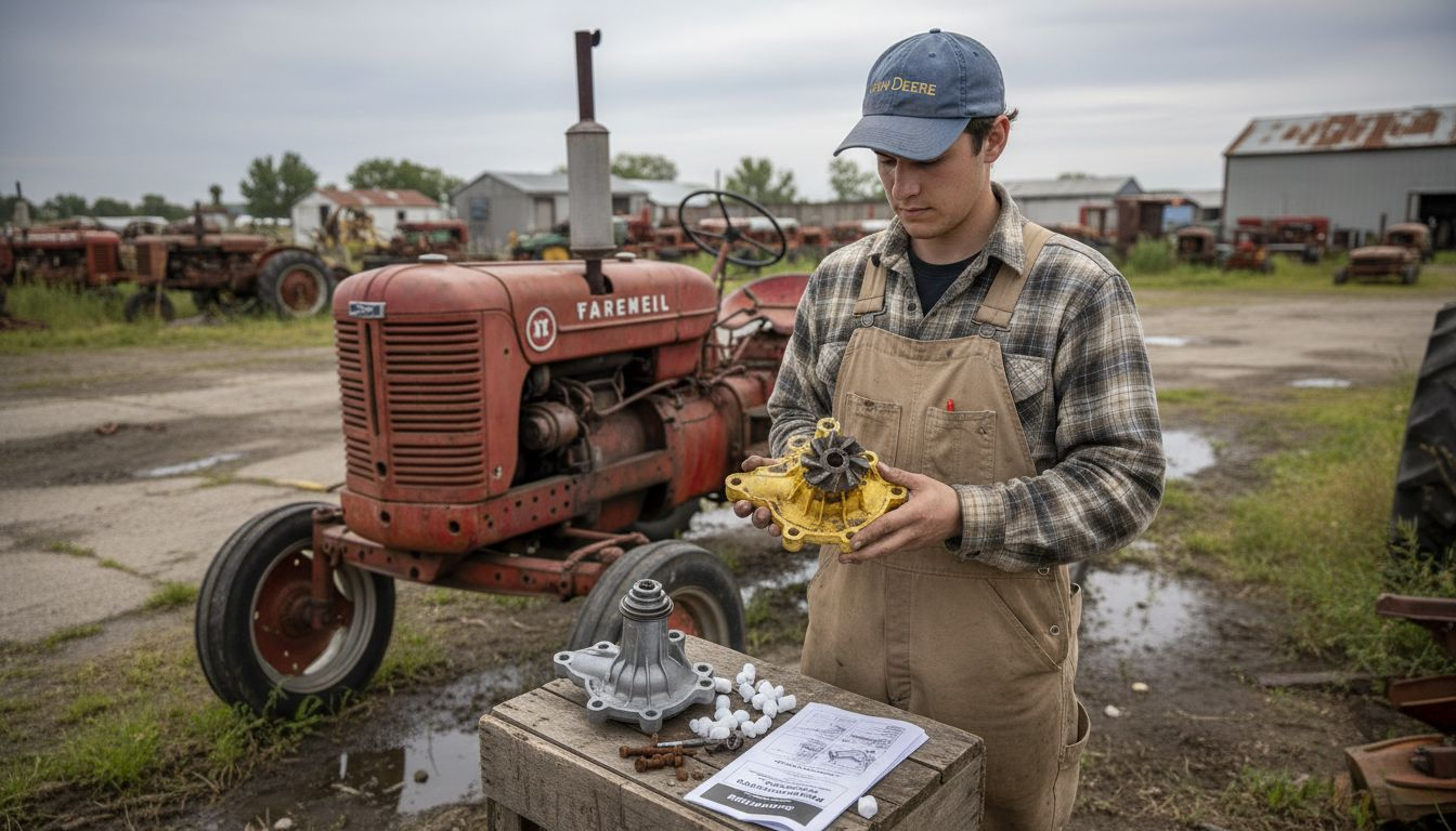 Farm assistant showing damaged tractor part