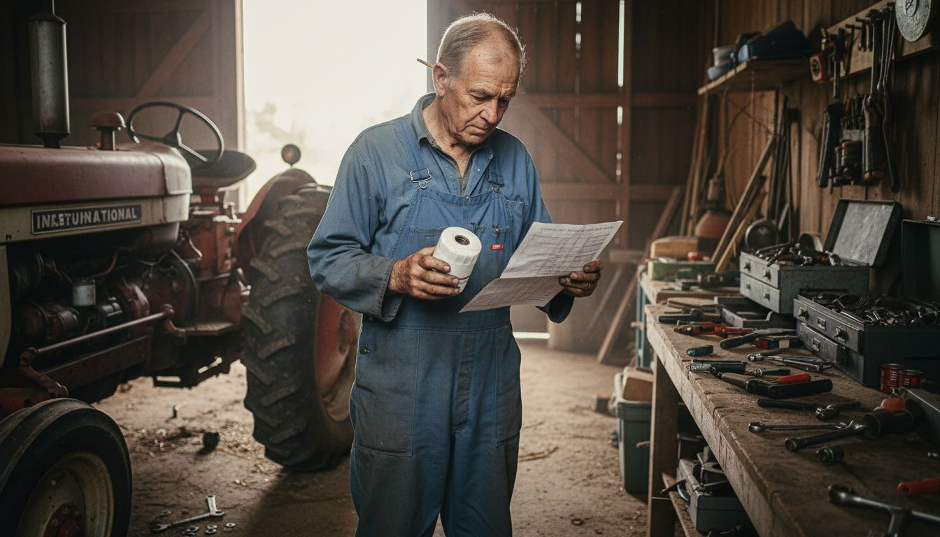 Mechanic verifying compatibility of tractor parts