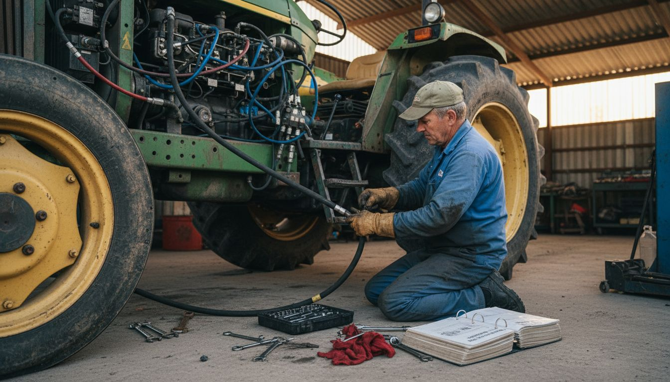 Mechanic repairing tractor hydraulic system