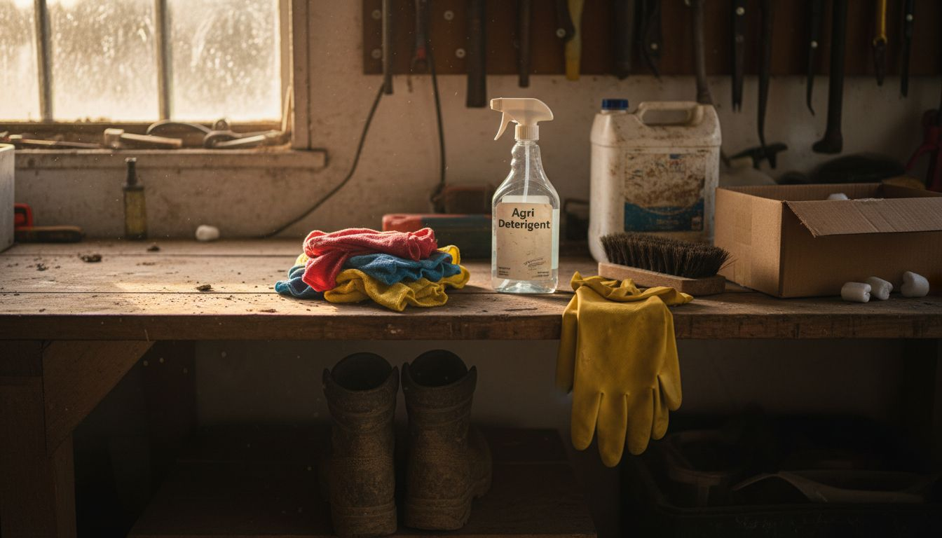 Array of tractor cleaning tools and supplies