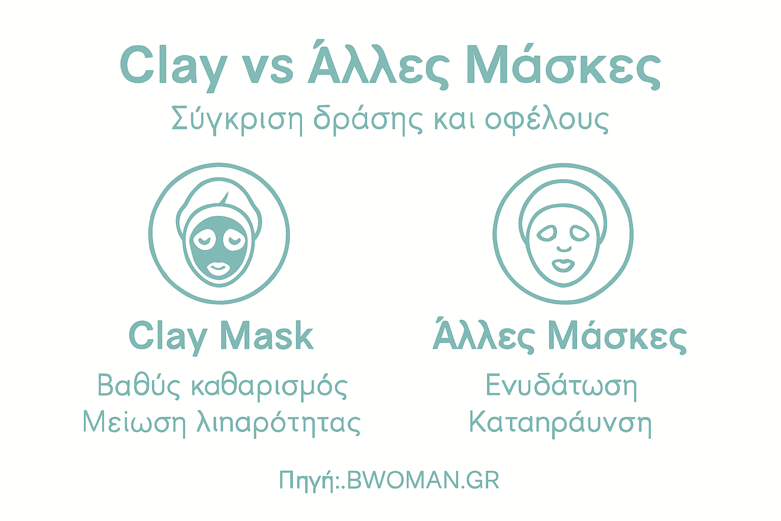 Εικονογράφηση που παρουσιάζει τα πλεονεκτήματα και τις διαφορές της μάσκας αργίλου σε σύγκριση με άλλες δημοφιλείς μάσκες προσώπου.