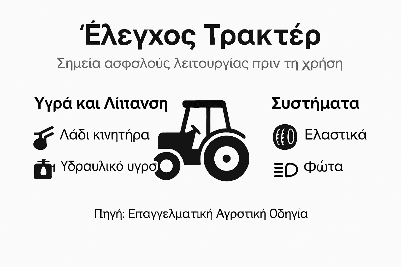 Εικονογραφημένος οδηγός με βασικά σημεία ελέγχου για την ασφάλεια των τρακτέρ