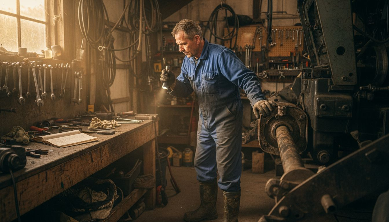 Mechanic inspecting tractor drive shaft