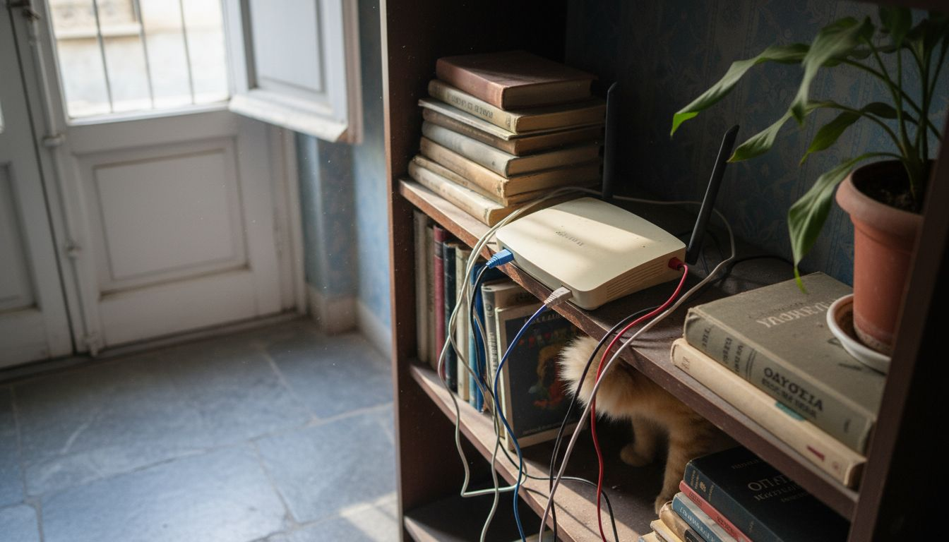 Οικιακό router WiFi με εμφανή σημάδια καθημερινής χρήσης
