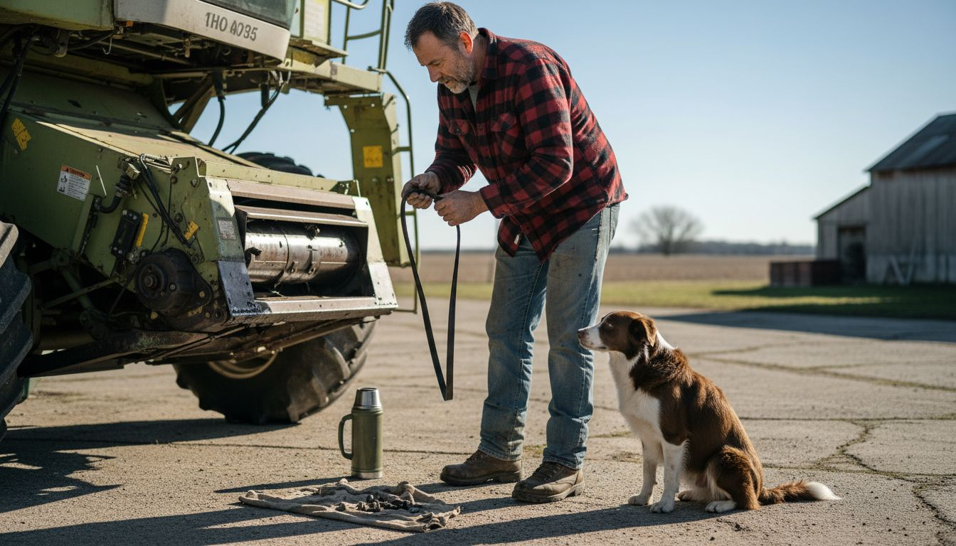Farmer checks combine harvester belt outside