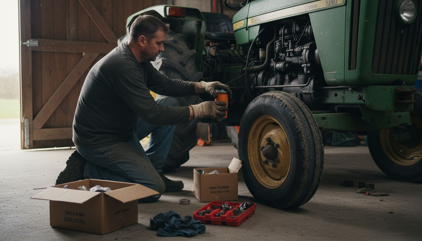 Mechanic replacing worn tractor part outdoors