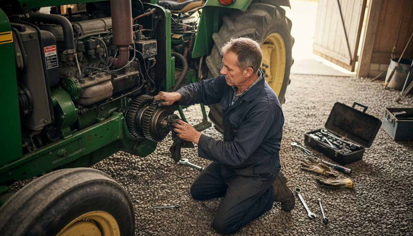 Mechanic cleaning tractor gear inside barn