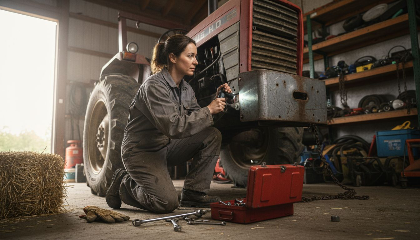 Mechanic performing tractor safety system check