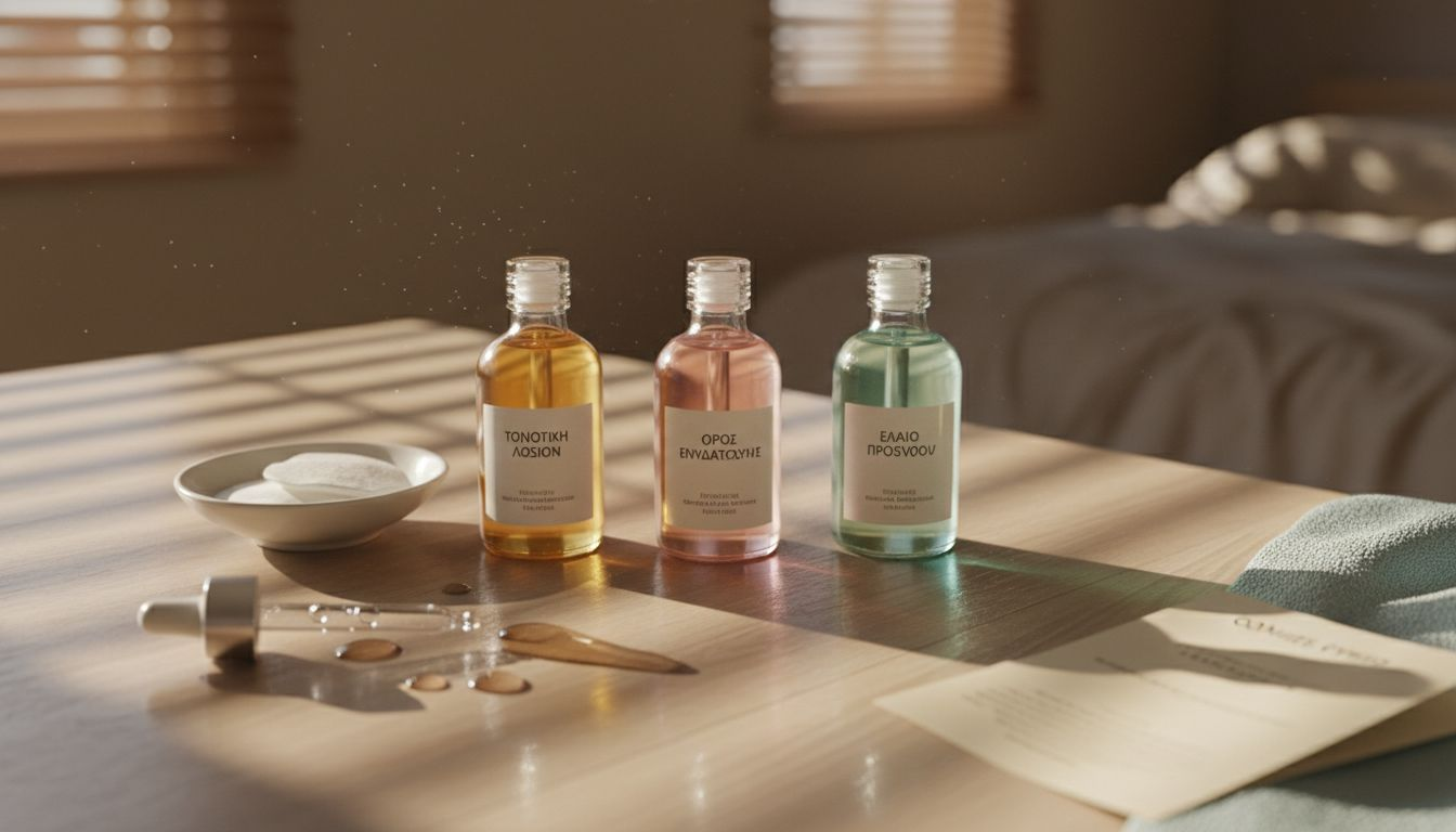 Fermented Essence: Επανάσταση για Ευαίσθητη Επιδερμίδα 3 Λήψη από κοντά με μπουκαλάκια essence ζύμωσης πάνω στη τουαλέτα