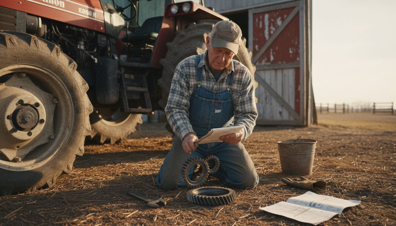 Farmer comparing tractor replacement gears outdoors