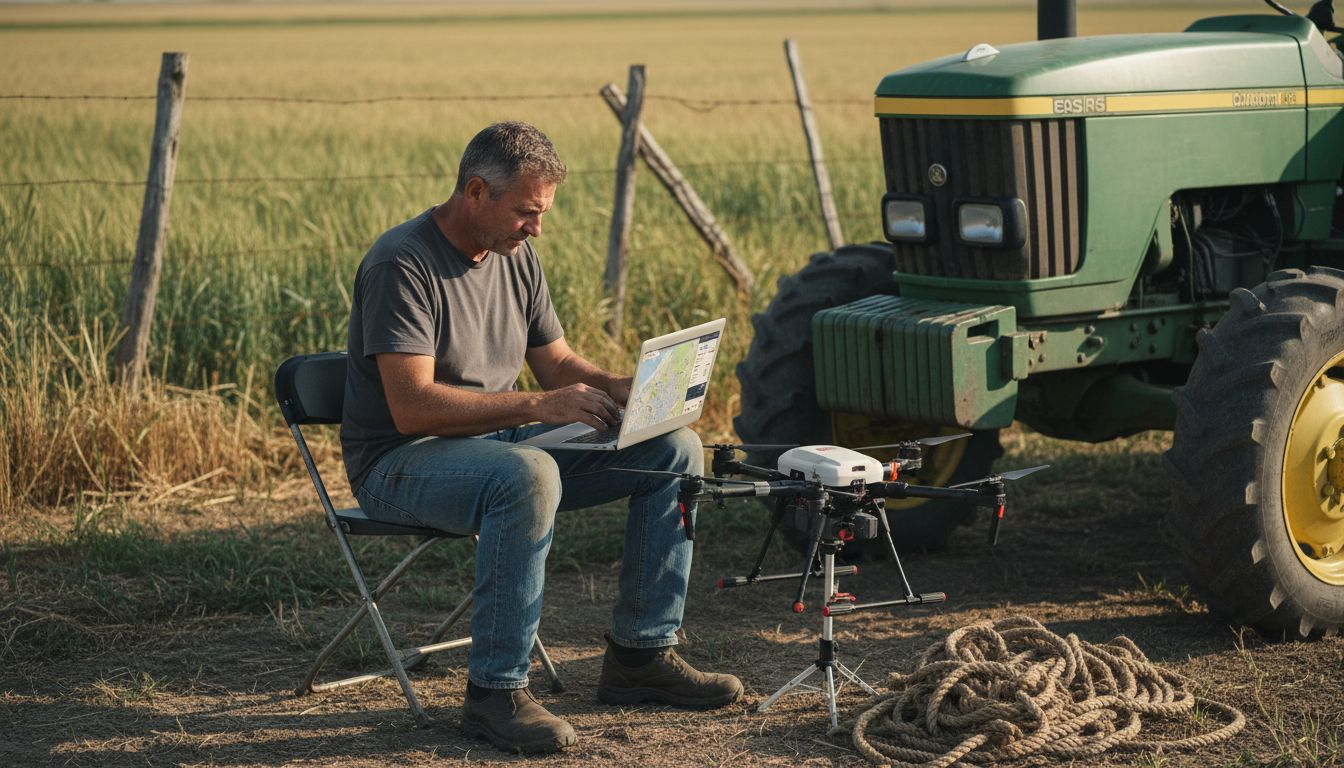 Farmer calibrating agri-drone by wheat field