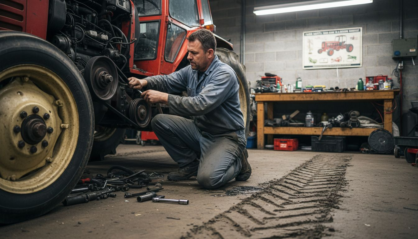 Mechanic repairing tractor for reliability