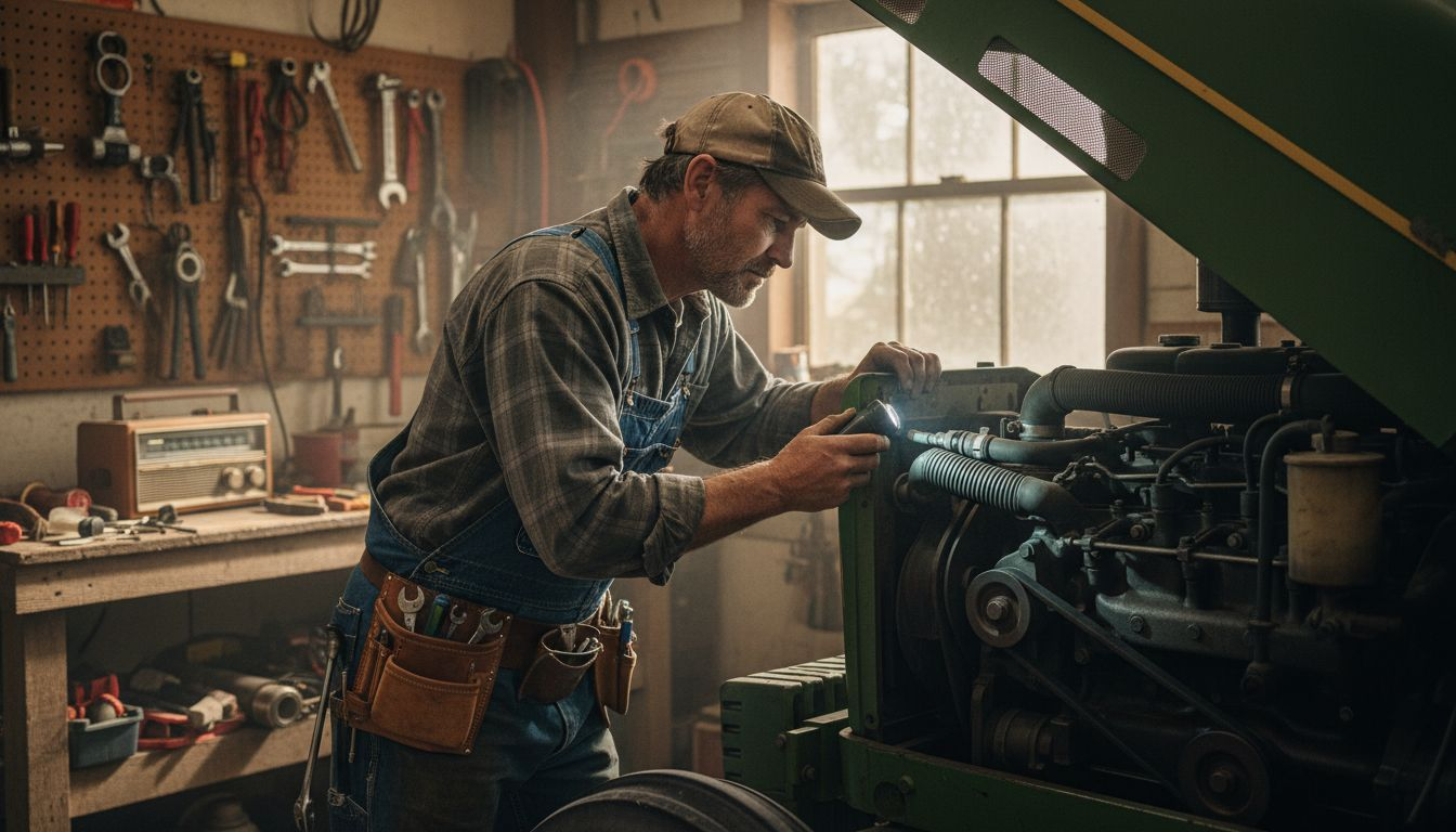 Mechanic inspecting tractor engine components