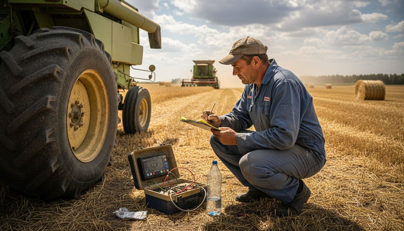 Mechanic tracking combine fuel usage on clipboard