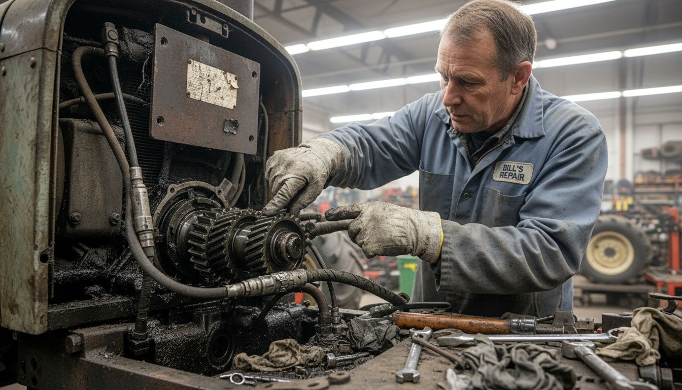 Mechanic compares tractor gear and hydraulic hose