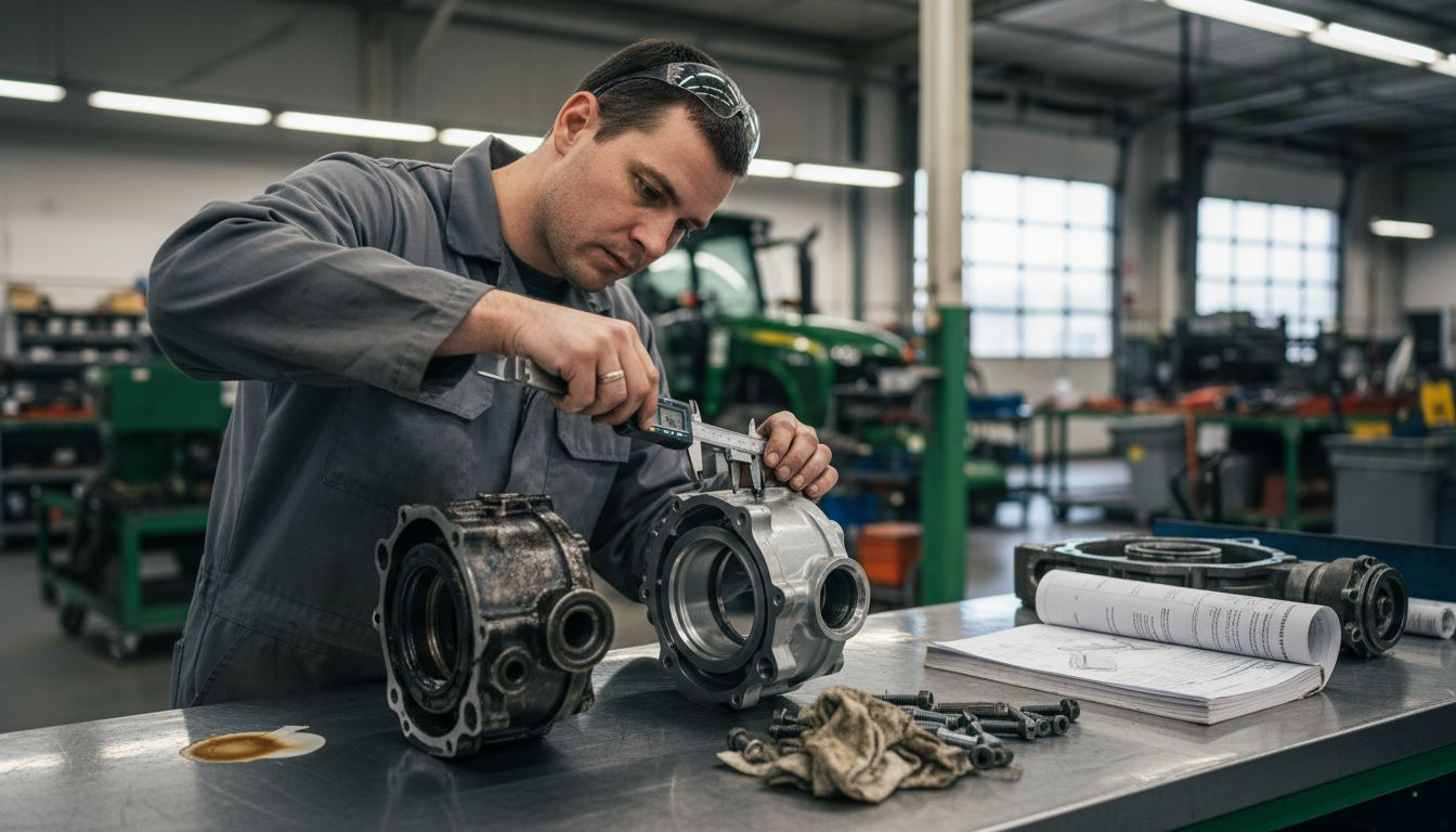 Technician inspecting tractor part compatibility