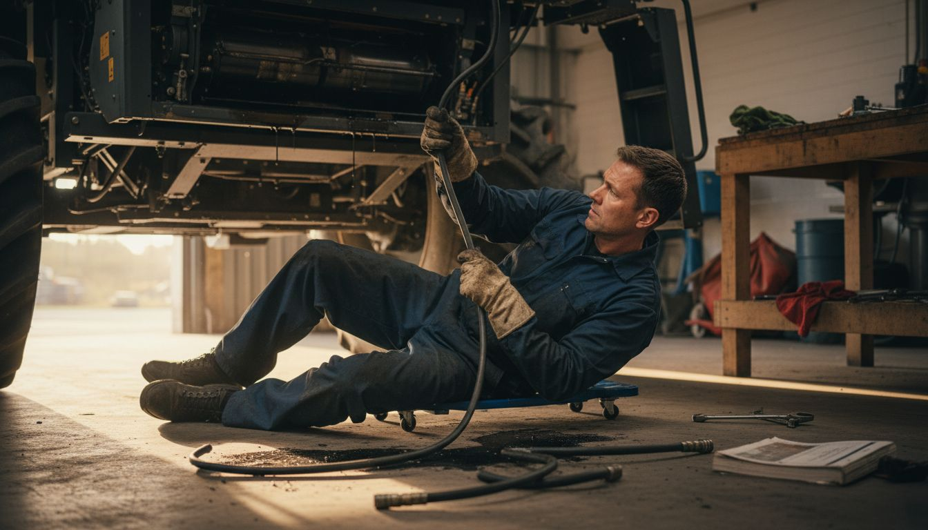 Mechanic repairing hydraulic system under combine
