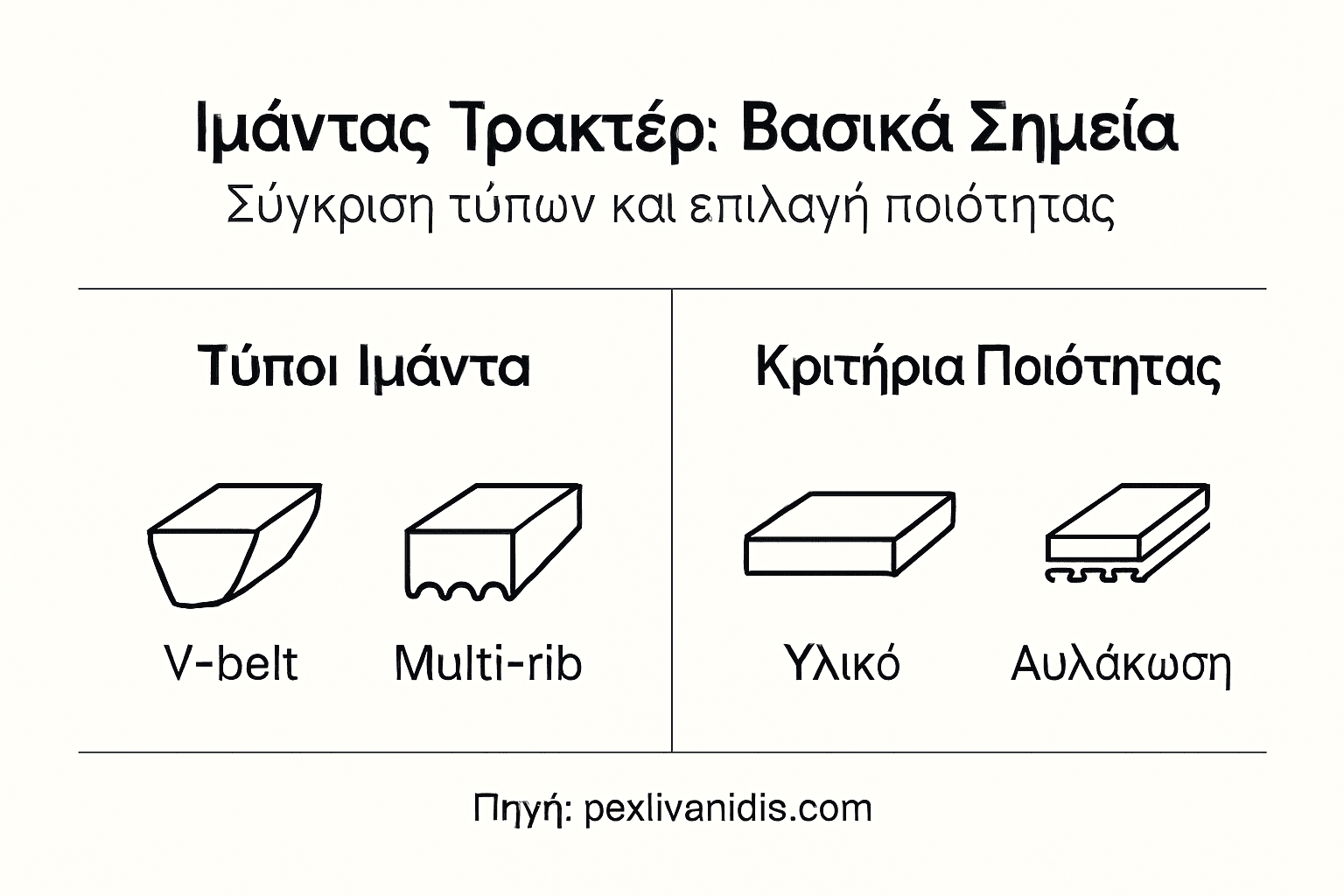 Εικονίδιο με βασικά σημεία για τους ιμάντες τρακτέρ και τι να προσέξετε στην επιλογή τους