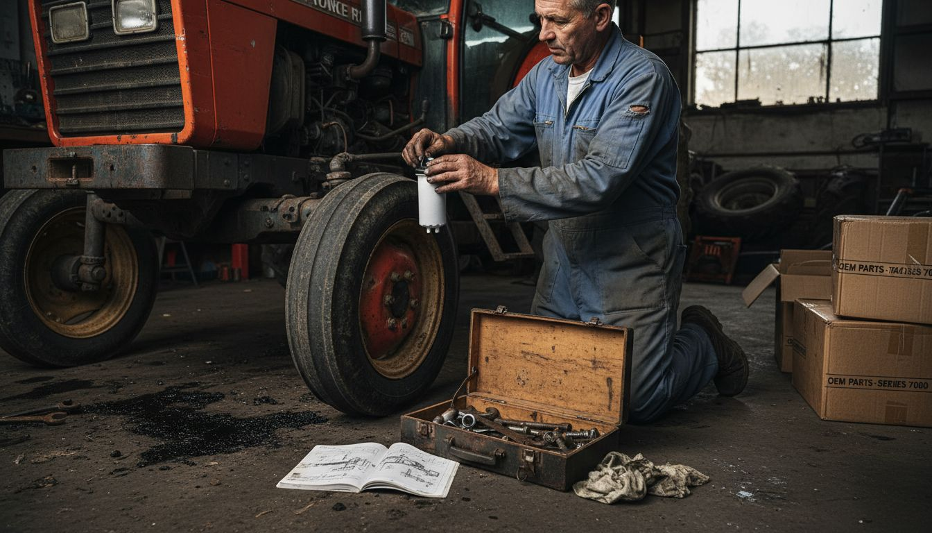 Mechanic installing OEM part in tractor workshop