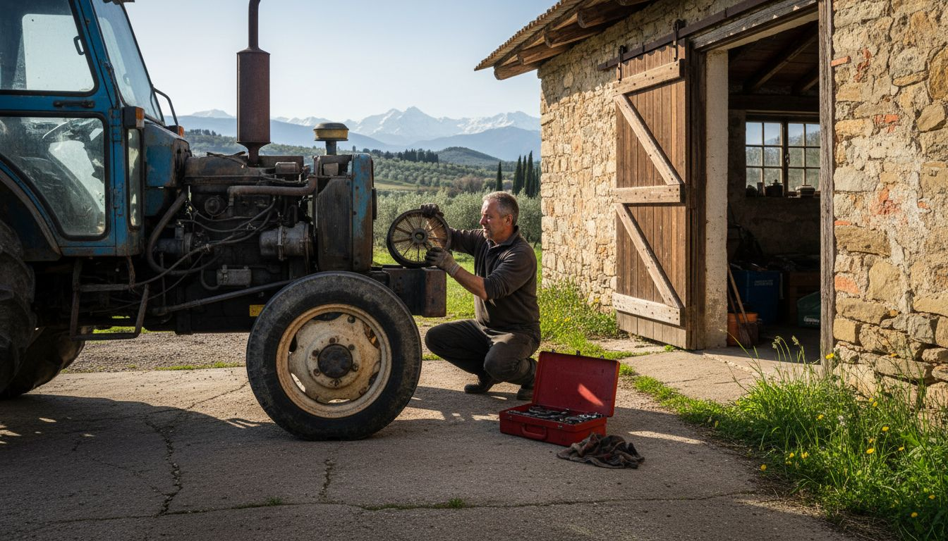 Mechanic performing spring tractor maintenance