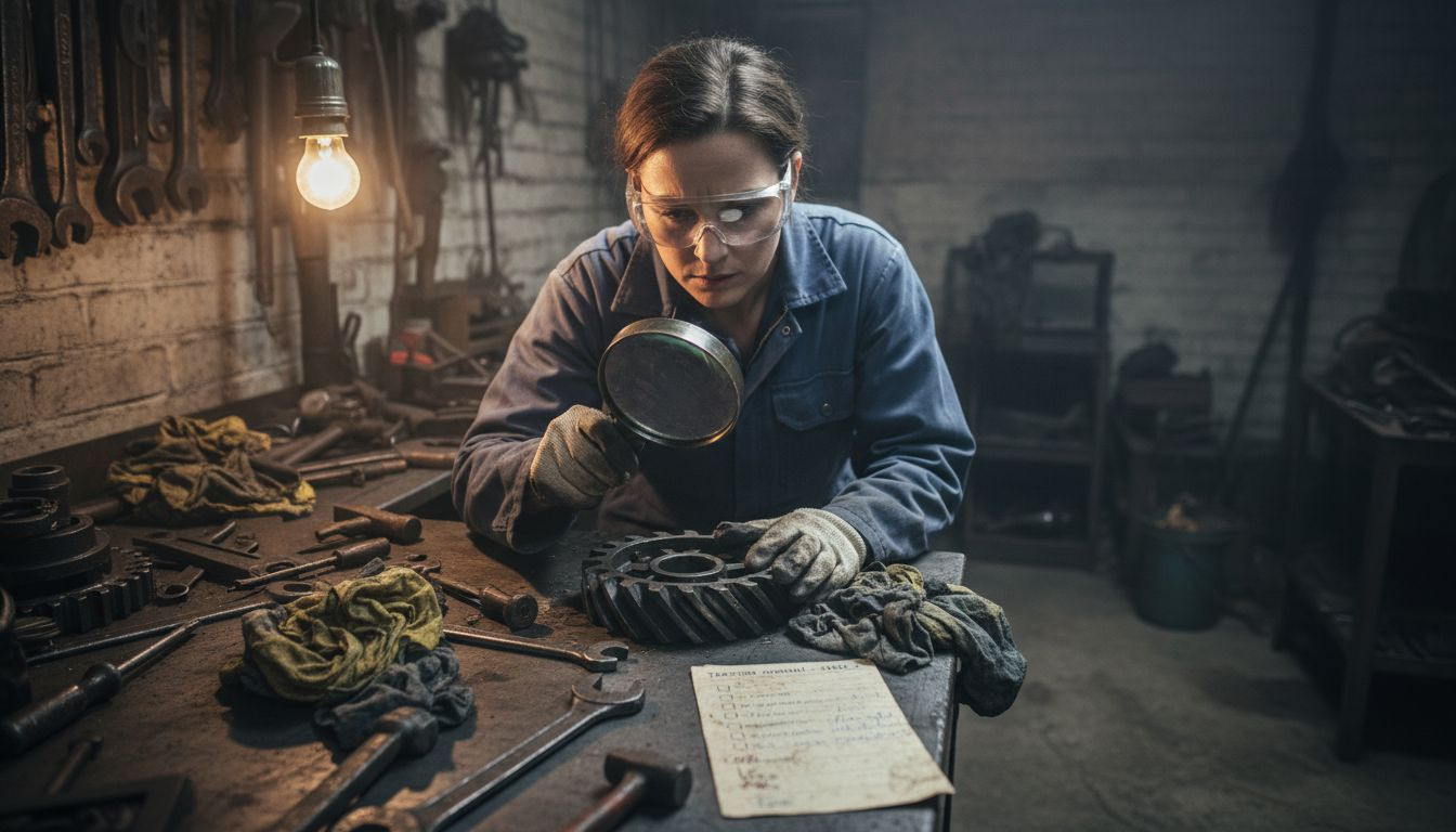 Woman inspecting tractor gear at workbench