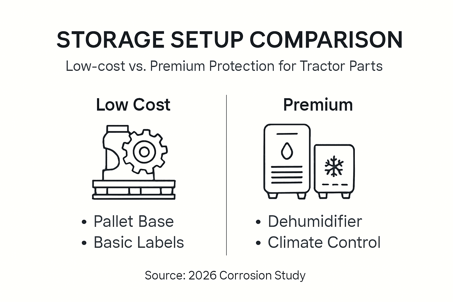 Infographic comparing tractor parts storage setups