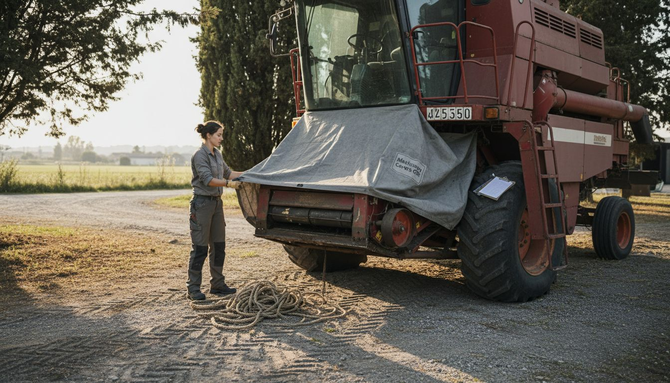Woman covers harvester with fabric protective cover