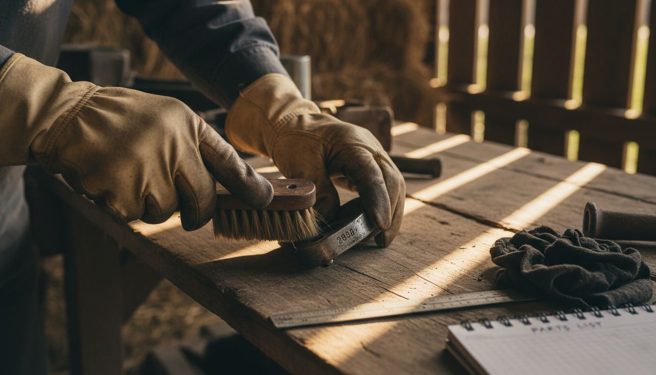 Hands inspecting tractor part on workbench