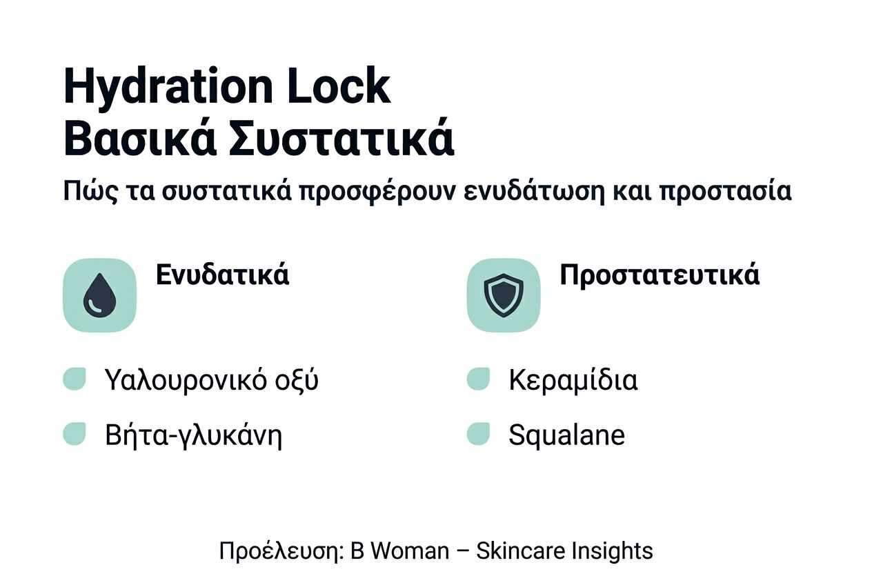 Κατανοήστε το hydration lock για λαμπερή επιδερμίδα 3 Εικονογραφημένος οδηγός με τα βασικά συστατικά που «κλειδώνουν» την ενυδάτωση