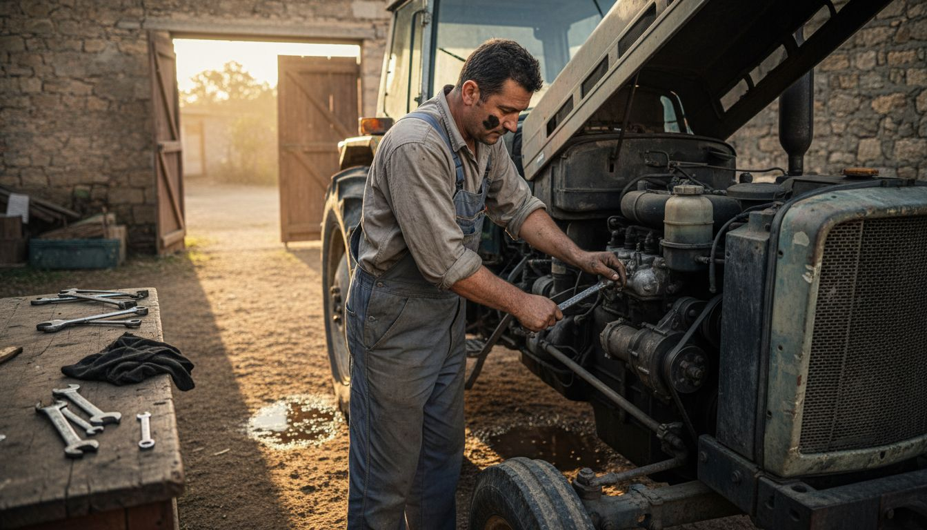 Mechanic checks tractor engine for upgrades