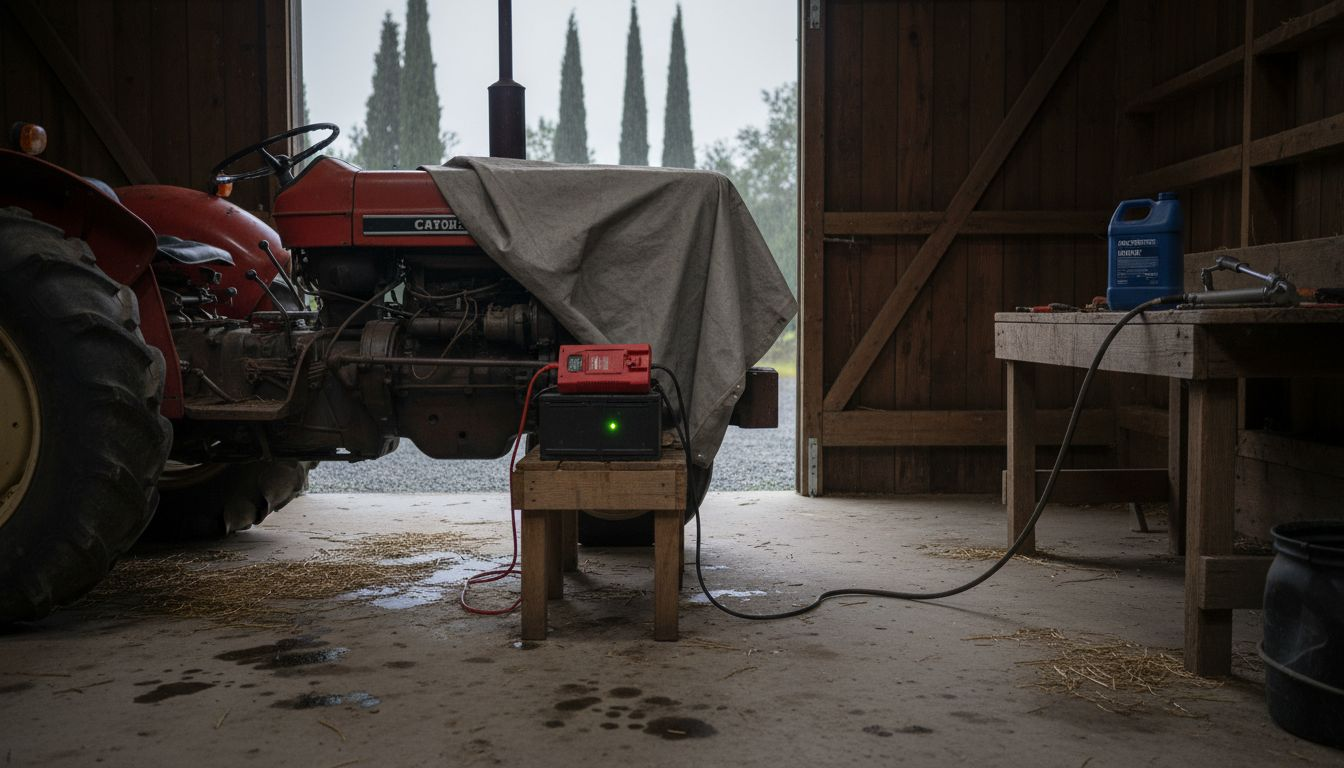 Tractor winter storage setup inside Greek shed
