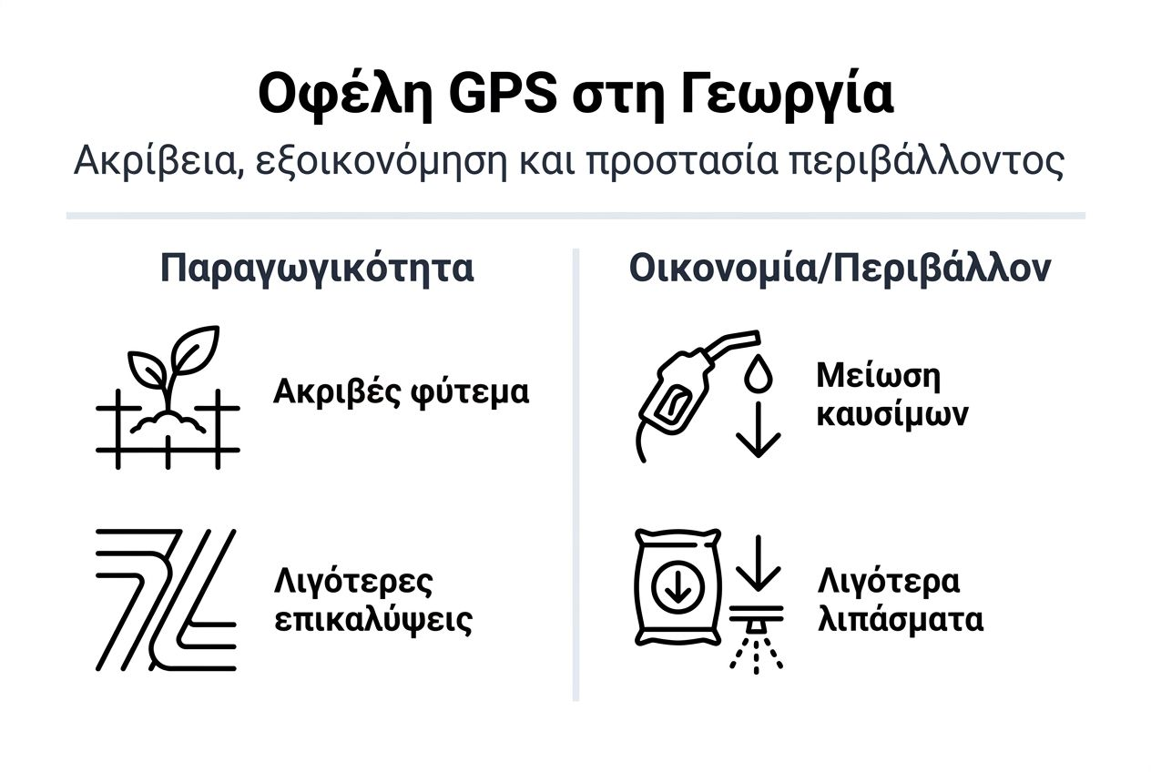 Εικονογραφημένο αφιέρωμα με τα βασικά οφέλη που προσφέρει η τεχνολογία GPS στη σύγχρονη γεωργία