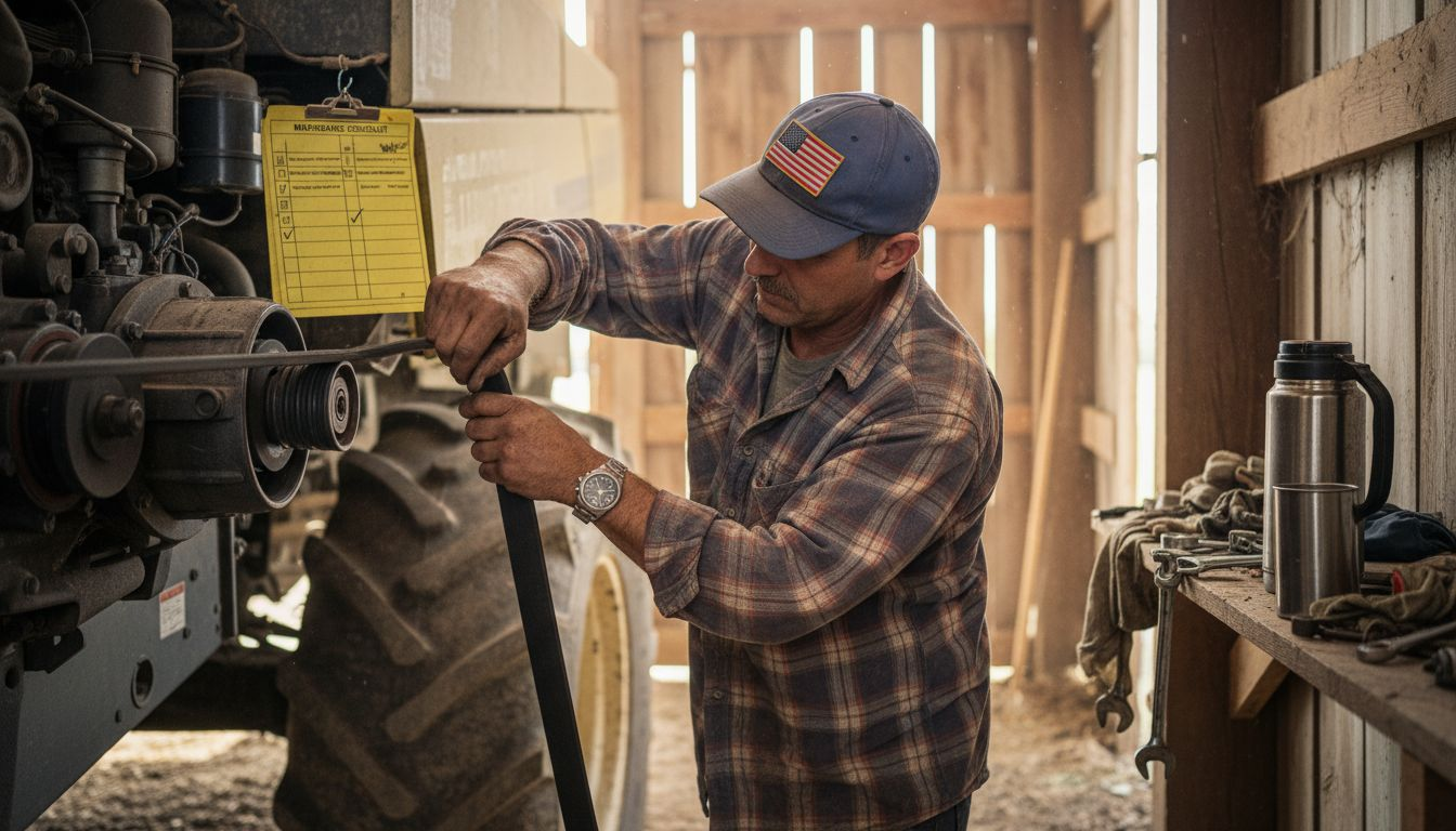 Technician fitting OEM belt on harvester machinery