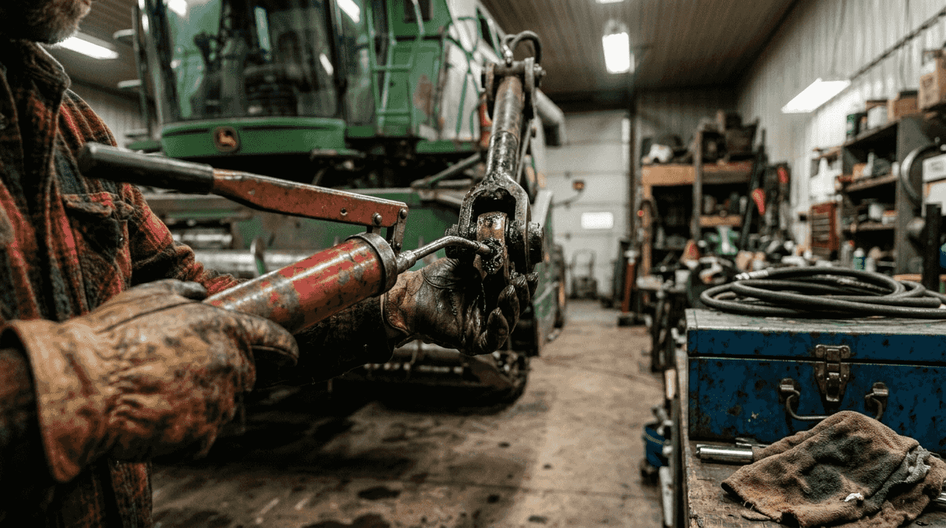 Worker lubricates combine joint in farm workshop