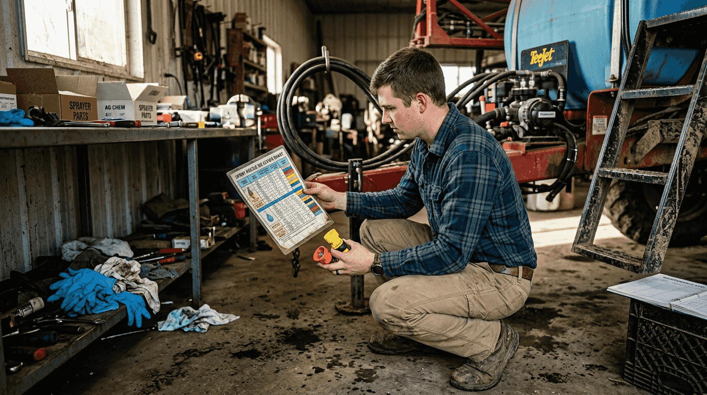 Agronomist comparing sprayer nozzles with chart