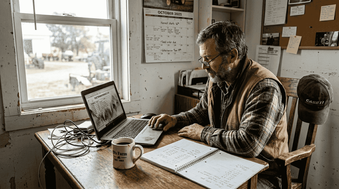 Farm owner checks telematics data in office