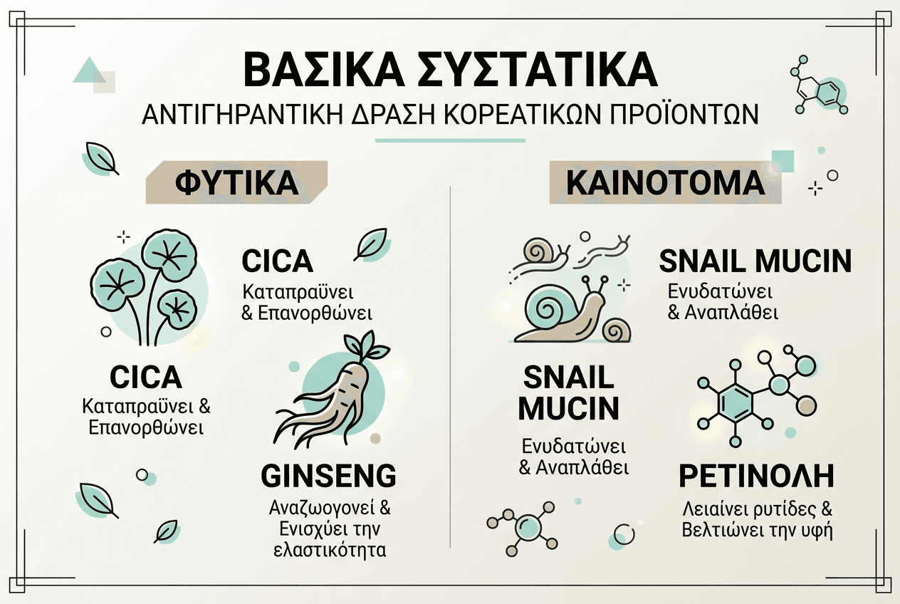 Ο ρόλος των αντιγηραντικών προϊόντων κορεάτικης φροντίδας το 2026 3 Εικονικό γράφημα με τα κορυφαία συστατικά για αντιγηραντική περιποίηση προσώπου