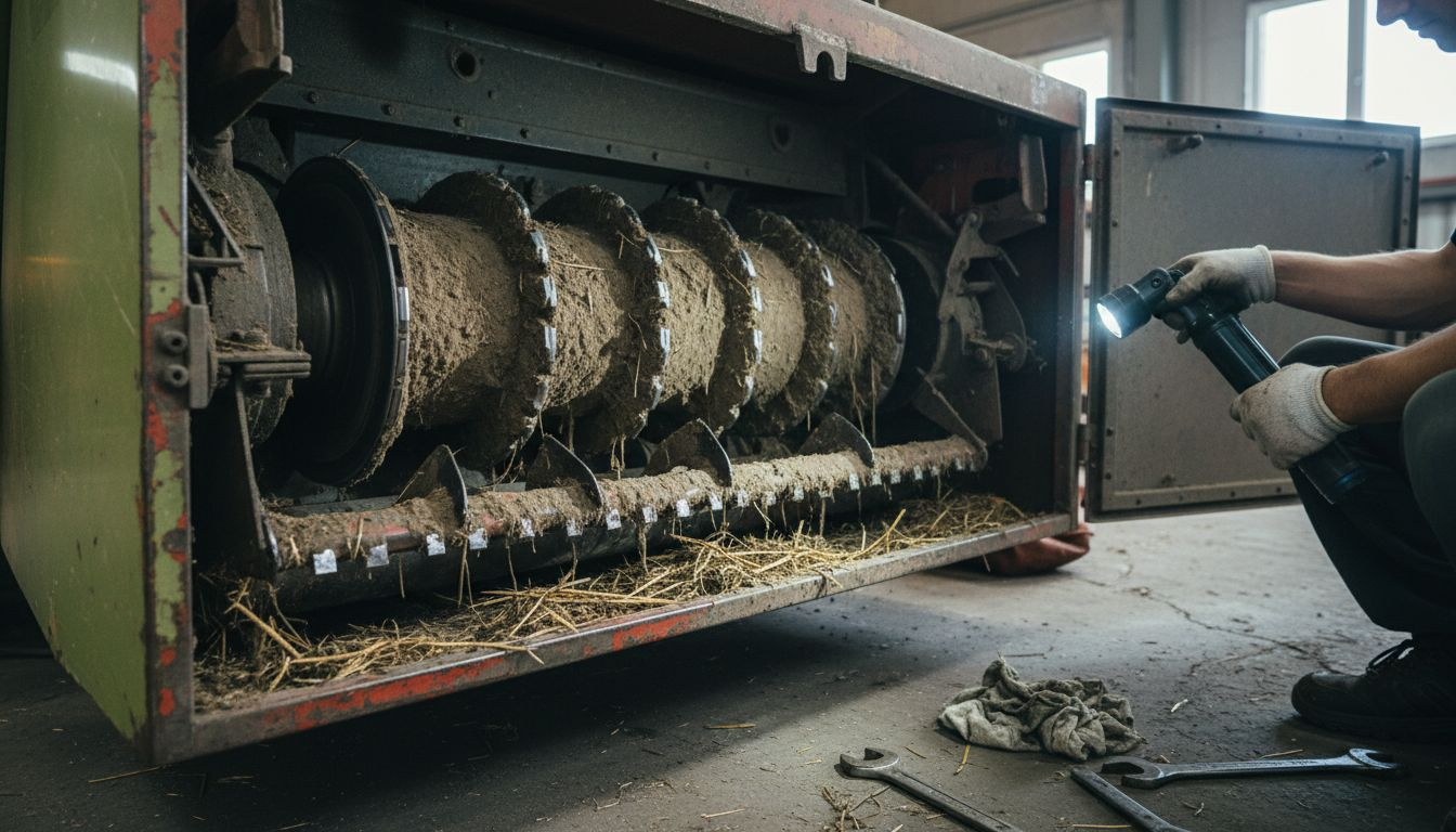 Mechanic inspects harvester threshing cylinder