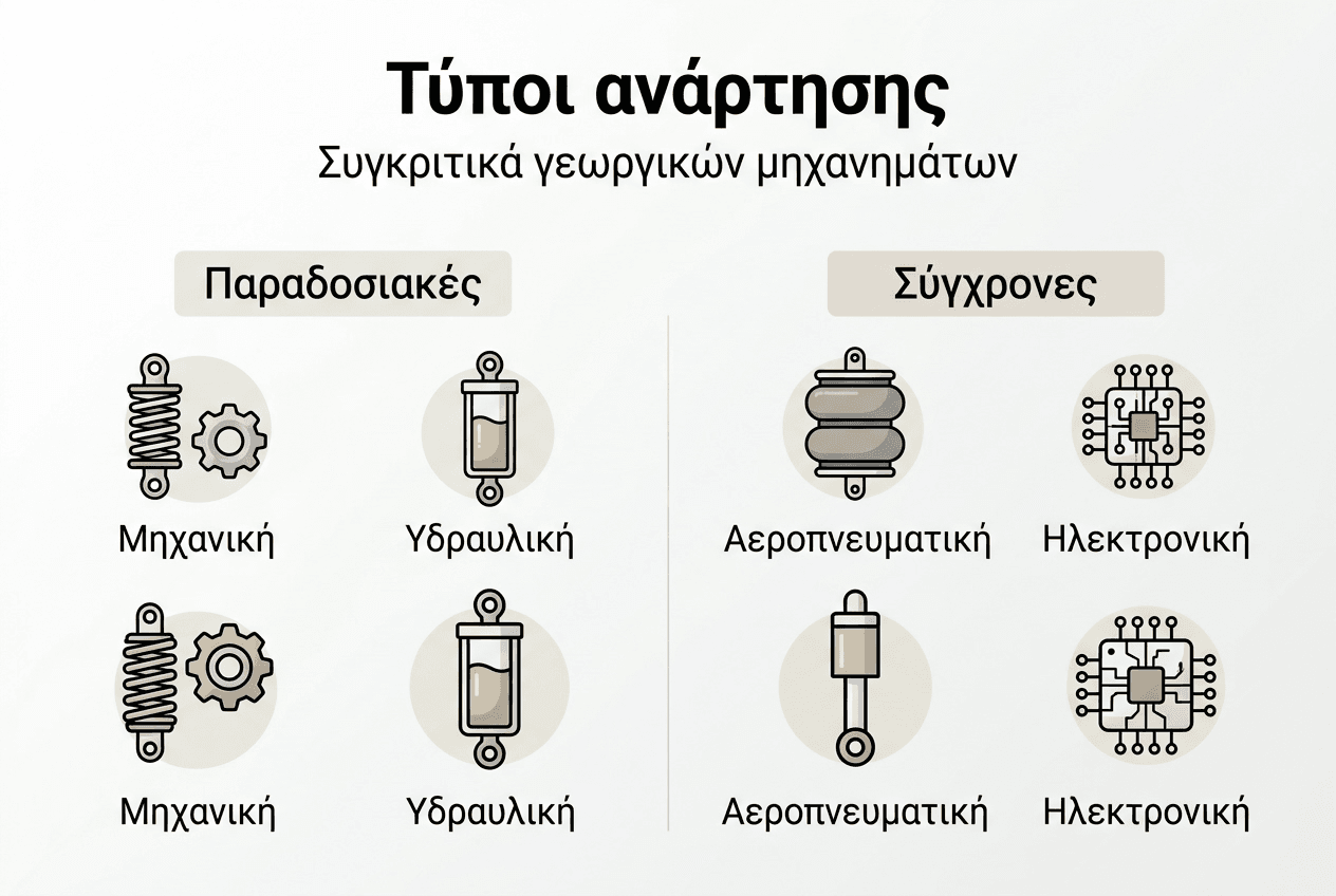 Επεξηγηματικό γράφημα για τη σύγκριση διαφορετικών τύπων ανάρτησης στη γεωργία