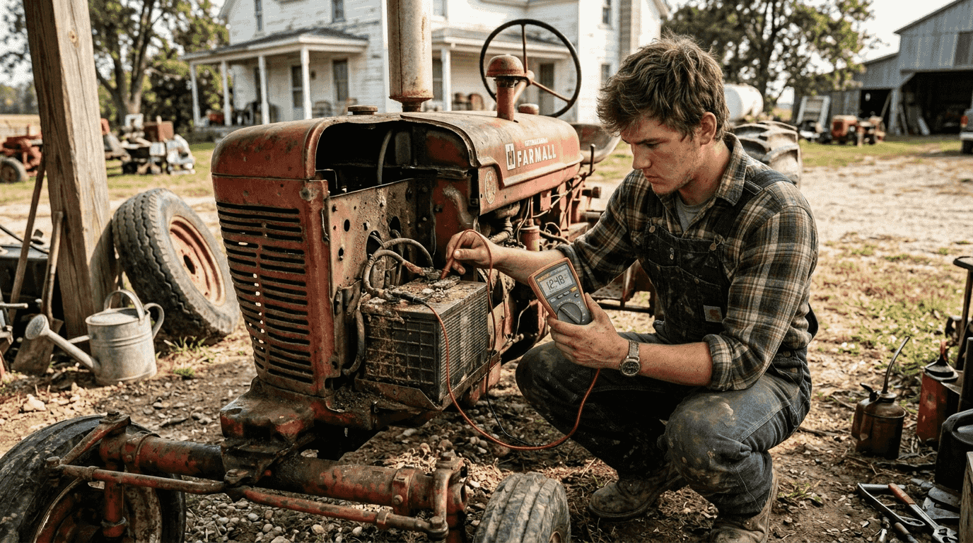 Farmhand testing tractor battery outdoors