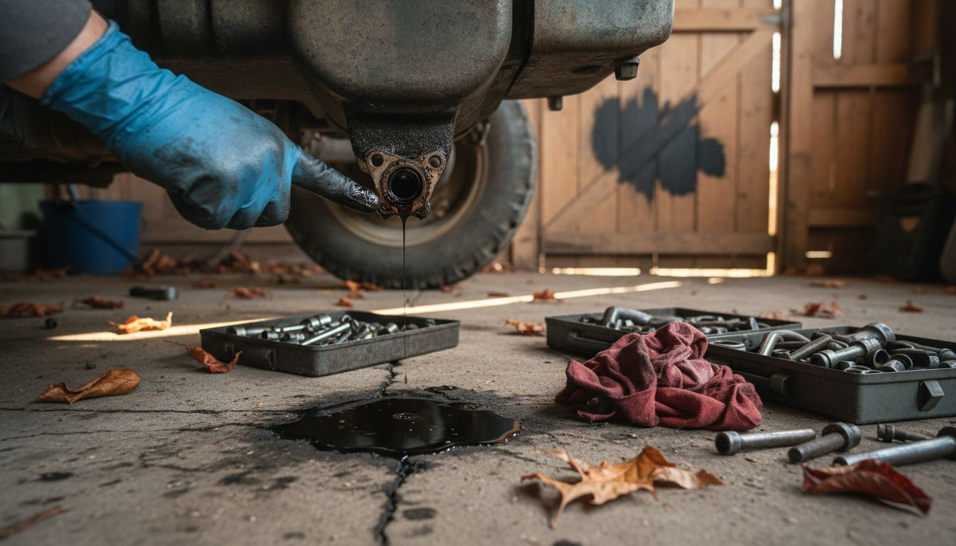 Close-up of oil leak under tractor body