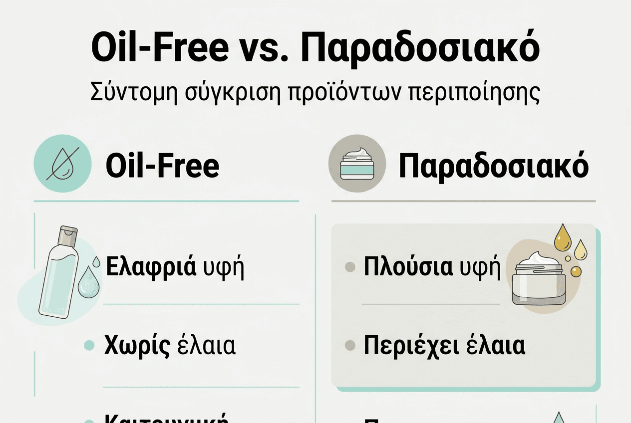 Γραφικό με σύγκριση ανάμεσα στη φροντίδα προσώπου χωρίς έλαια και στις παραδοσιακές φόρμουλες περιποίησης