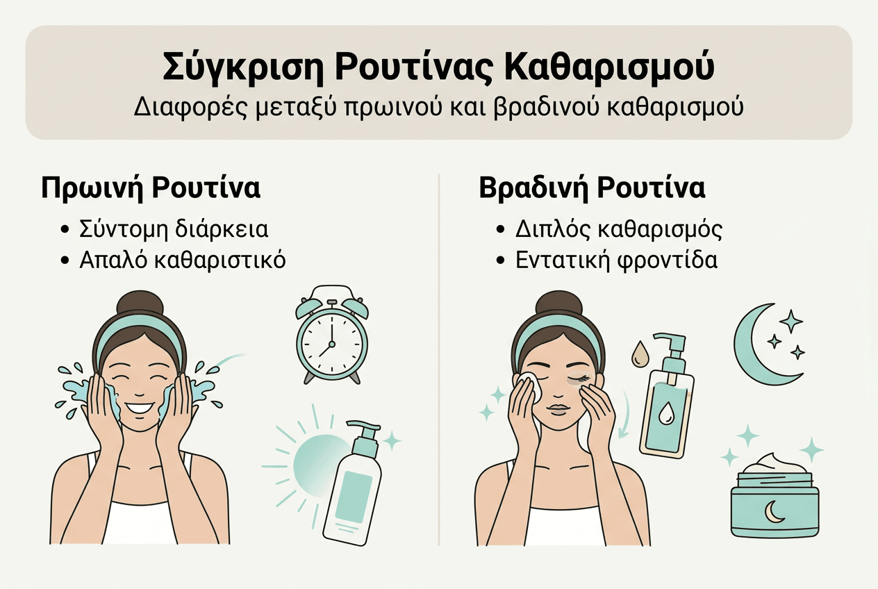 Βήμα βήμα ρουτίνα καθαρισμού για λαμπερή επιδερμίδα 2026 2 Εικονογραφημένο αφιέρωμα: Πρωινές και βραδινές συνήθειες σε σύγκριση