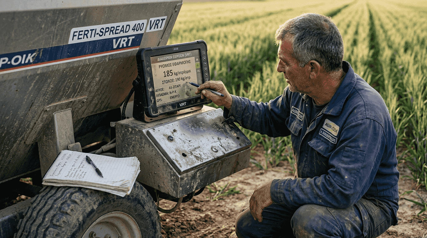 Technician checks VRT monitor near wheat field