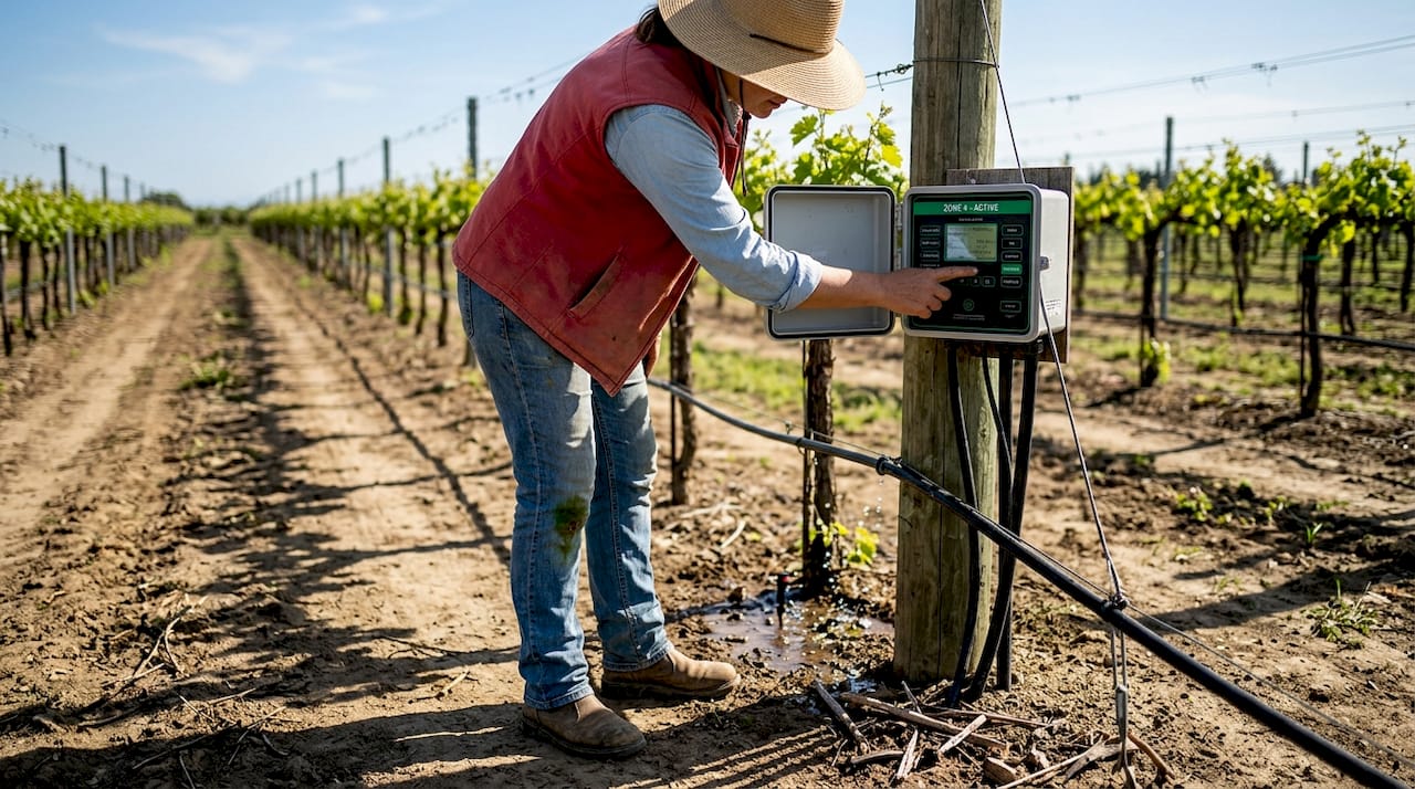 Woman managing vineyard smart irrigation system