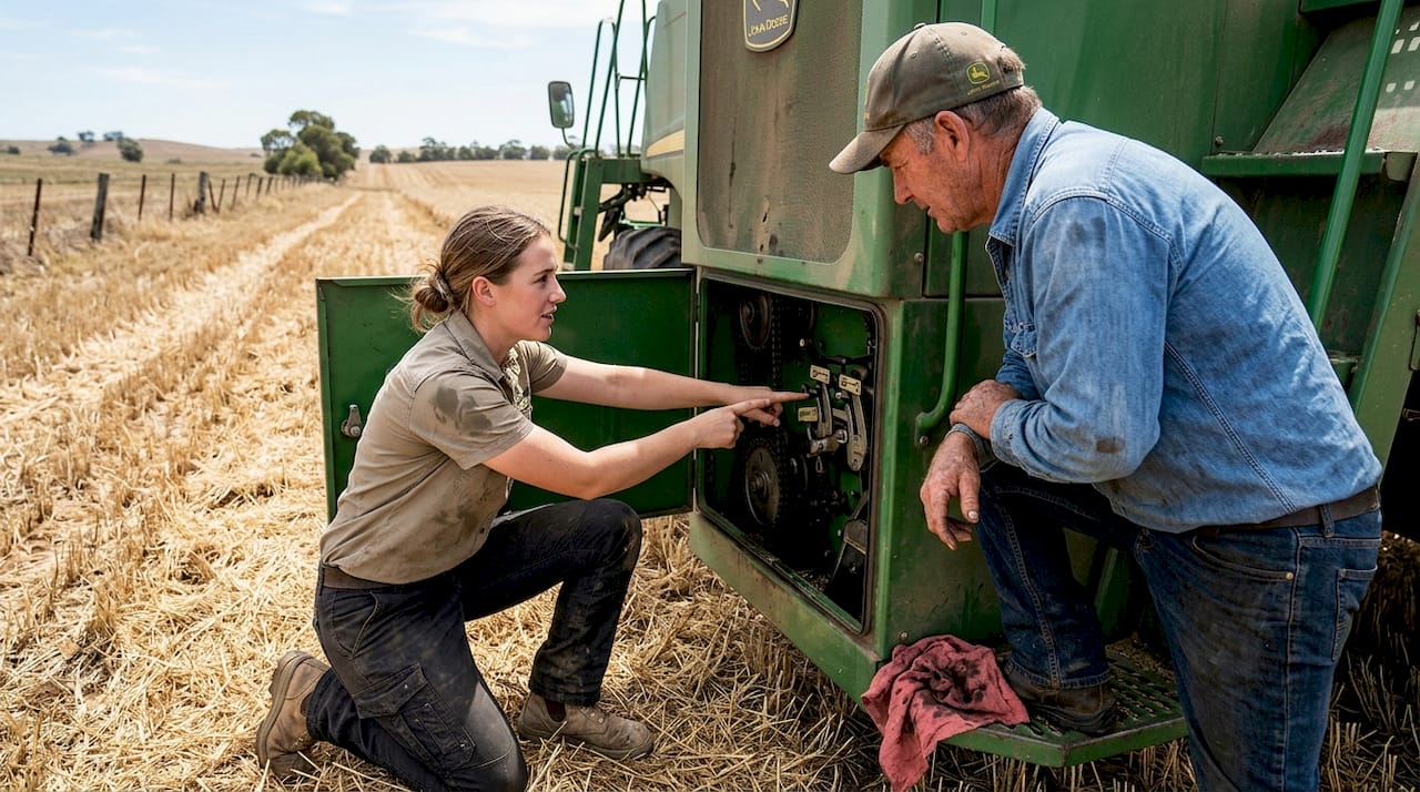 Agronomist advising farmer on machinery adjustments