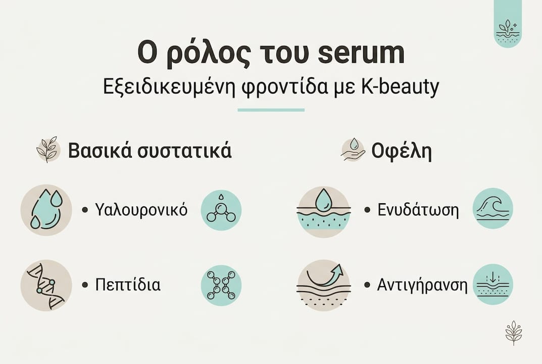 Ο ρόλος του serum στο δέρμα: οδηγός K-beauty 2026 3 Εικονογραφημένος οδηγός για τα βασικά συστατικά των serum και τα οφέλη τους