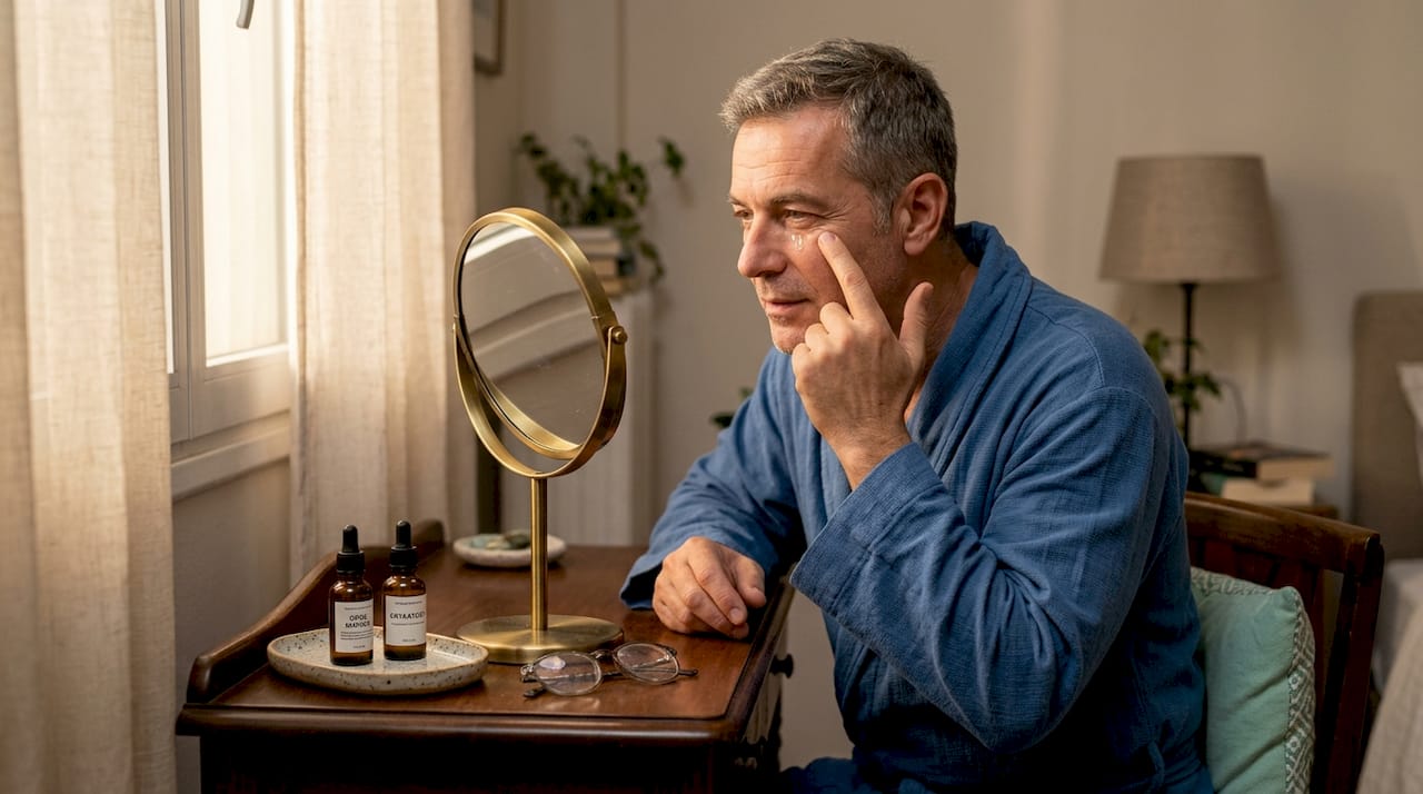 Ο ρόλος του serum στο δέρμα: οδηγός K-beauty 2026 2 Άνδρας περιποιείται το πρόσωπό του με αντιγηραντικό serum μπροστά στον καθρέφτη του μπάνιου.