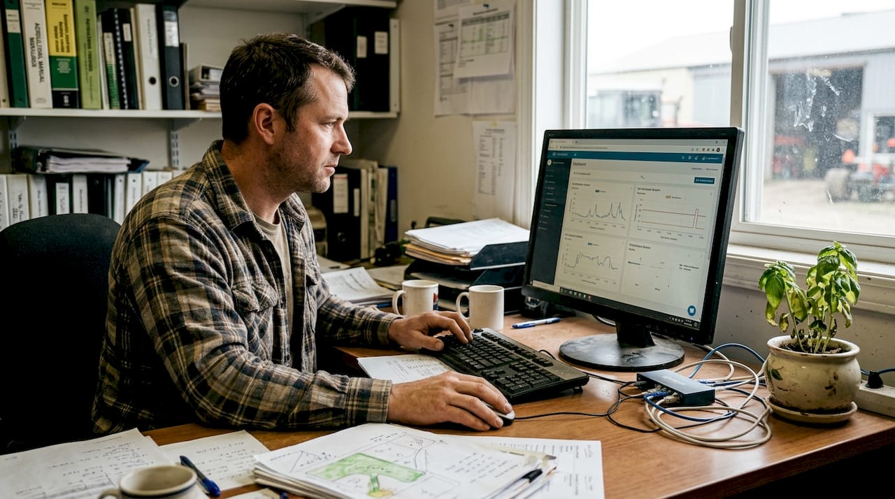 Technician integrating IoT sensors in farm office
